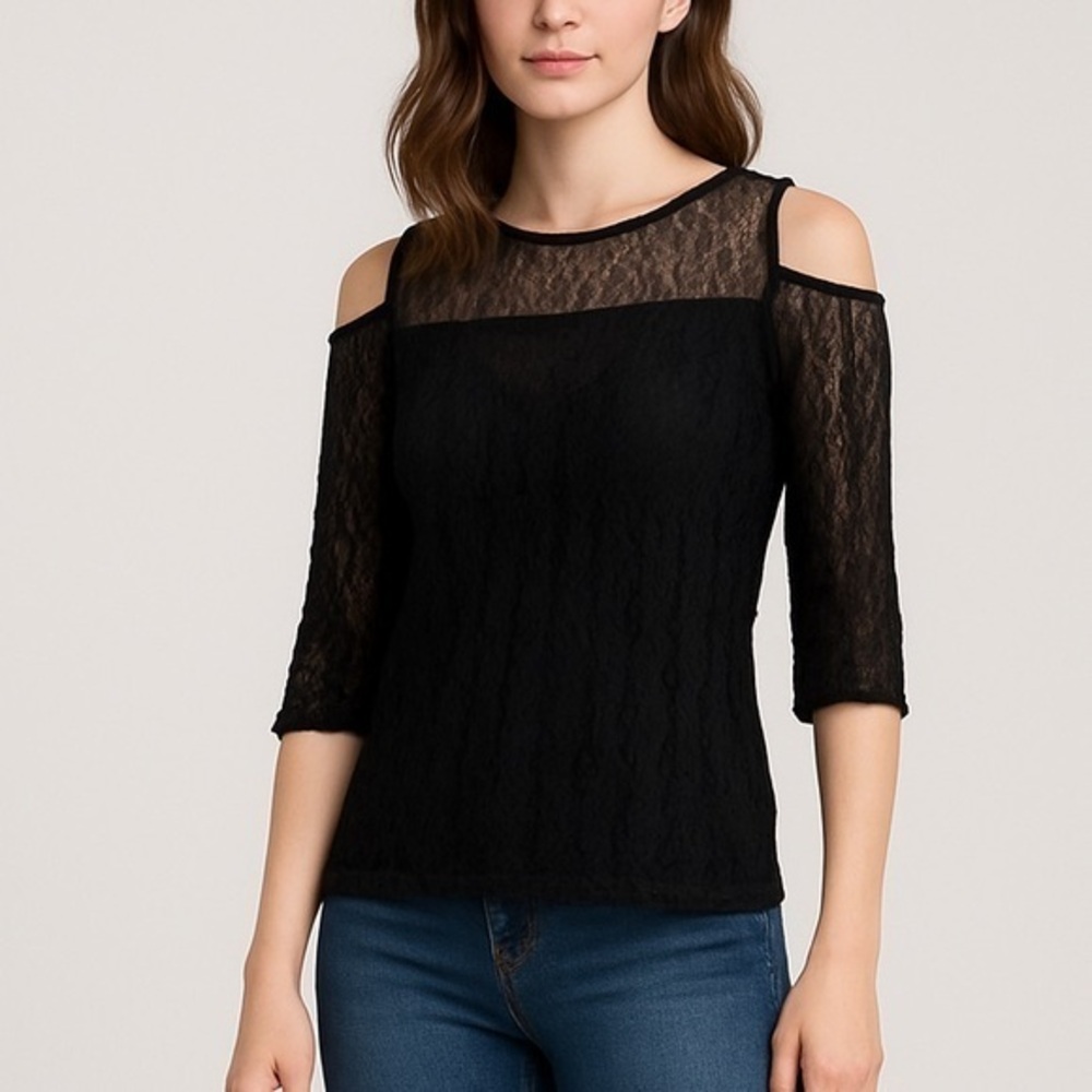IRO Camille Black Crochet Mesh Cold Shoulder Top Medium Edgy Knit Blouse